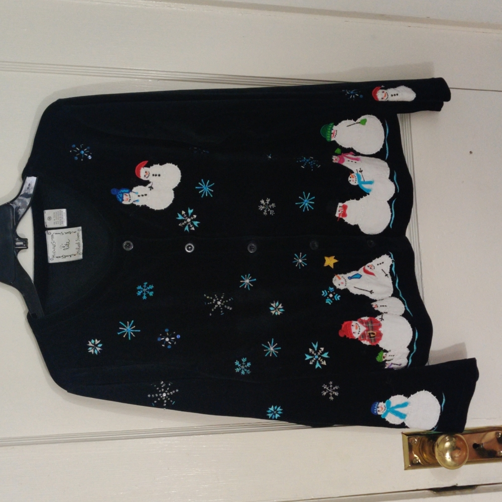 Michael Simon Lite Christmas Snowmen Black Velveteen Cardigan Jacket, M